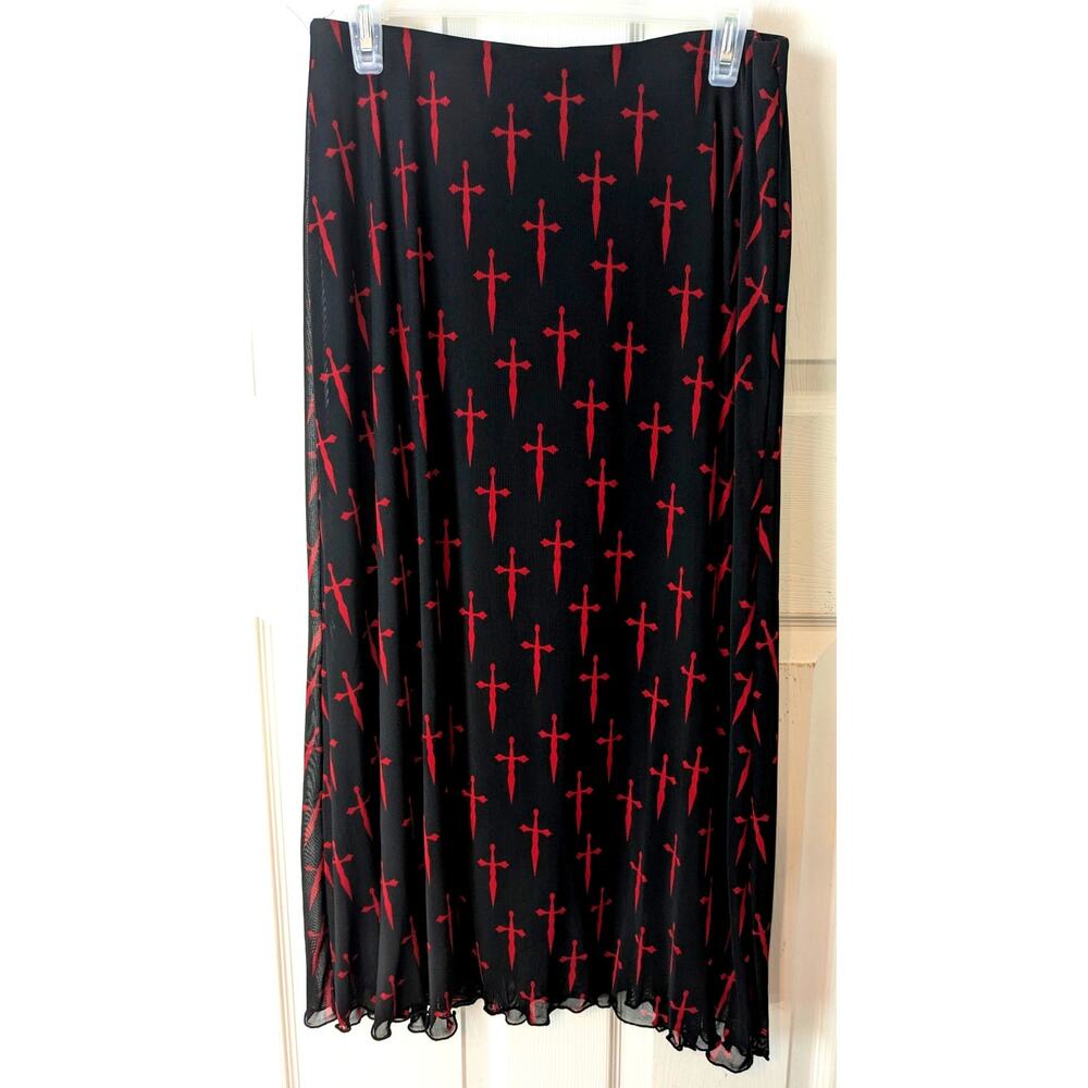 Social Collision Black Pull On Midi Skirt Red Crosses Goth Large Stretch Vamp